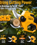 Electric Pruning Shears Punch Through Tough Stems With Zero Sweat Using Rock Solid 1.8 Inch Cut Capacity Cordless Plant Clippers For Stress Free Yard Work Garden Gear, cutting through a 1.8 inch thick branch.