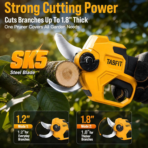 Electric Pruning Shears Punch Through Tough Stems With Zero Sweat Using Rock Solid 1.8 Inch Cut Capacity Cordless Plant Clippers For Stress Free Yard Work Garden Gear, cutting through a 1.8 inch thick branch.