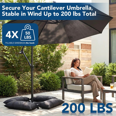 200 Lb Fillable Sand Bags For Umbrella Bases Four Pack Weatherproof Heavy Duty Weights in use with patio umbrella setup