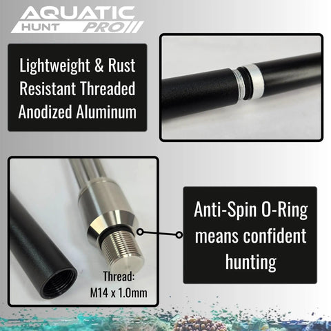 Close-up of the 46 Inch Travel Ready Gigging Spear for Lionfish, Frog and Flounder with stainless steel and aluminum detail.