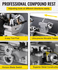 Heavy Duty 210Mm X 400Mm Mini Metal Lathe With Variable Speed Control Up To Two Thousand Two Hundred Fifty Rpm features 4-way tool post and movable tailstock.