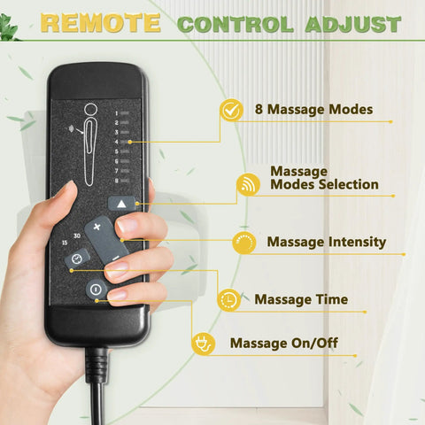 Remote control for massage recliner chair, 8 massage modes, intensity, and time settings for full back and leg relaxation.