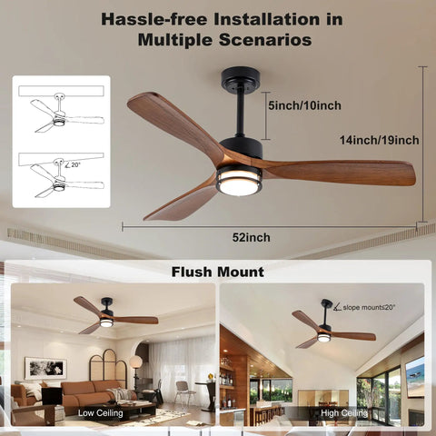 52 Inch Outdoor Ceiling Fan With Light, Solid Walnut Wood Blades, Remote, 3 CCT Dimmable LED illustrated for living rooms