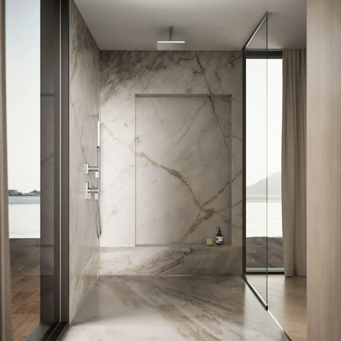 Modern bathroom with Honesty 10-Inch Rain Showerhead, Single Function, 2.5 GPM, polished chrome, ceiling-mounted.