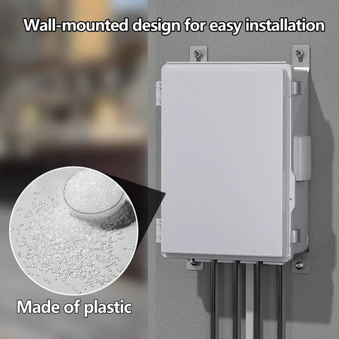 Tough As Nails Electrical Junction Box With Ventilated ABS Housing And Integrated Cable Grommets Weather Sealed IP65 Hinged Door pre-drilled wall panel mounted on a wall.