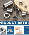 Six Pack M10 Stainless Steel Spacers, Three Eighths Inch Inside Diameter, Five Eighths Inch Outside Diameter, Three Eighths Inch Long, Unthreaded Round Standoff Bushings, Plain Finish, For Screws And Bolts, Silver shown on wood surface