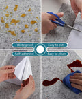 Peel And Stick Granite Countertop Contact Paper 15.7 Inch Wide By 354 Inch Long Self Adhesive Vinyl Waterproof Easy To Install Gray Marble Look demonstrating waterproof, cutting, sticking, and cleaning features.