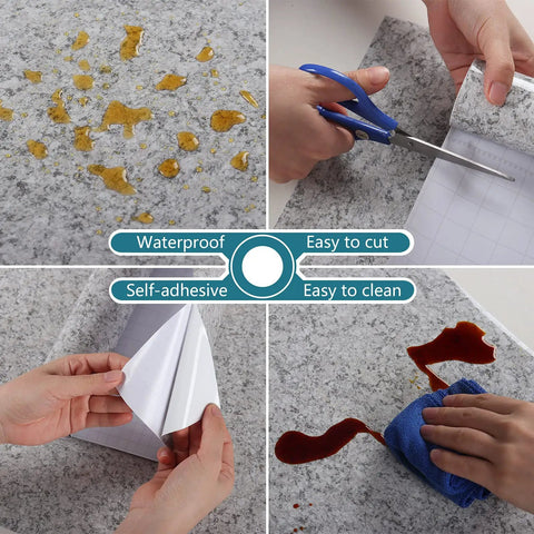 Peel And Stick Granite Countertop Contact Paper 15.7 Inch Wide By 354 Inch Long Self Adhesive Vinyl Waterproof Easy To Install Gray Marble Look demonstrating waterproof, cutting, sticking, and cleaning features.
