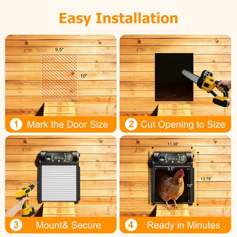 Four-step installation of Hands-Free Solar Powered Automatic Chicken Coop Door With Large 9.45 X 10 Inch Opening Roll-Up Opener