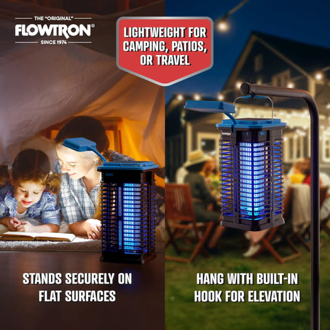 Two In One Solar Powered Bug Zapper With UV Light And LED Lamp, USB C Backup Charging, hanging on patio with family reading inside.