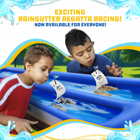 Kids racing Trimaran Race Boat Kit for Raingutter Regatta, Easy Build DIY Model, in inflatable raceway outdoors.