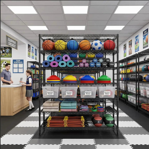 Beefed Up Storage Shelves With Adjustable Height, 3840 Lbs Capacity, holding sports equipment in retail setting