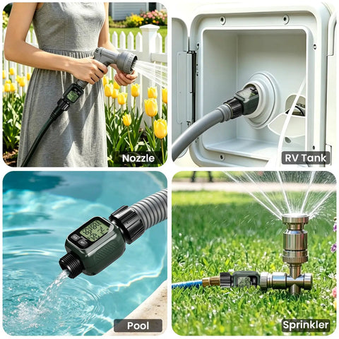 Water Flow Meter With Brass Inlet, Accuracy Within Five Percent, 4 Measurement Modes, Gallon And Liter Consumption And Flow Rate For Garden Hose Setups, Lawn Sprinkler, RV Water Tank Fill, Nozzle Sprayer, Green on hose, nozzle, pool, and sprinkler