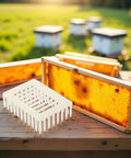 Queen Marker Cage Clip For Beekeeping Plastic Queen Catcher Tool next to honeycomb frames on wooden table with hives in background