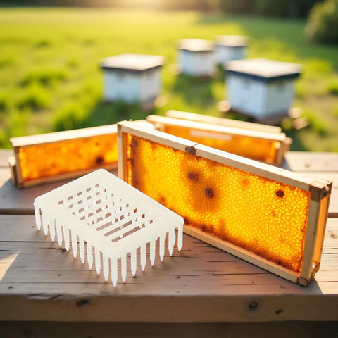 Queen Marker Cage Clip For Beekeeping Plastic Queen Catcher Tool next to honeycomb frames on wooden table with hives in background