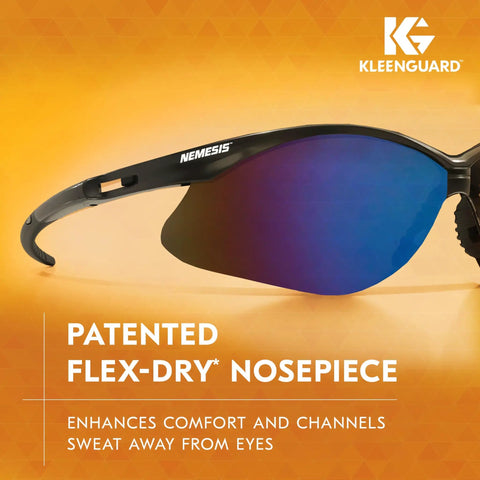 Kickass Worksite Safety Glasses Featuring Slick Blue Mirror Coated Lenses And Heavy Duty Black Frames Built for efficiency and comfort.