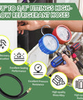 Person using Half Inch HVAC Vacuum Hose With Three Eighths Inch Fittings Six Feet Long High Flow Refrigerant Evacuation Line 640 Psi Working Pressure 3200 Psi Burst Compatible With Most Refrigeration And Air Conditioning Equipment Black with gauges