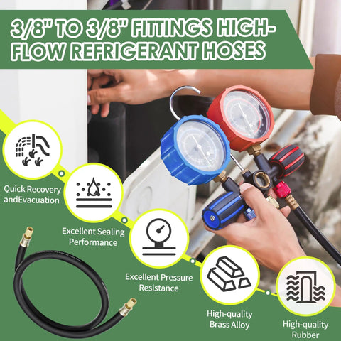 Person using Half Inch HVAC Vacuum Hose With Three Eighths Inch Fittings Six Feet Long High Flow Refrigerant Evacuation Line 640 Psi Working Pressure 3200 Psi Burst Compatible With Most Refrigeration And Air Conditioning Equipment Black with gauges