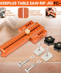 Thin Rip Jig for table saw, orange aluminum guide with ruler scale and mounting hardware
