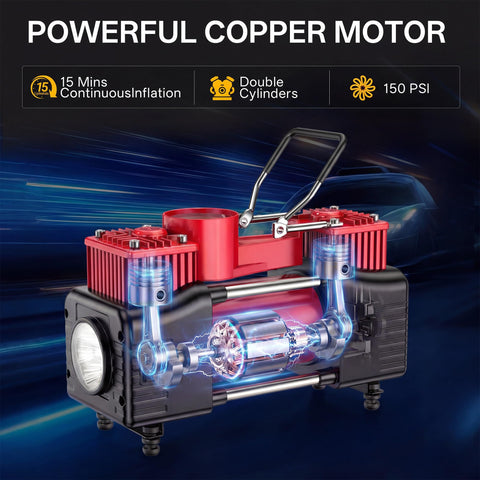 Transparent view of the Beefy 12V Double Cylinder Tire Inflator showing powerful copper motor and design