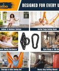 Collage showing various uses of 2650Lb Beefy Heavy Duty Ceiling Swing Hangers 2 Pack With Snap Carabiners.