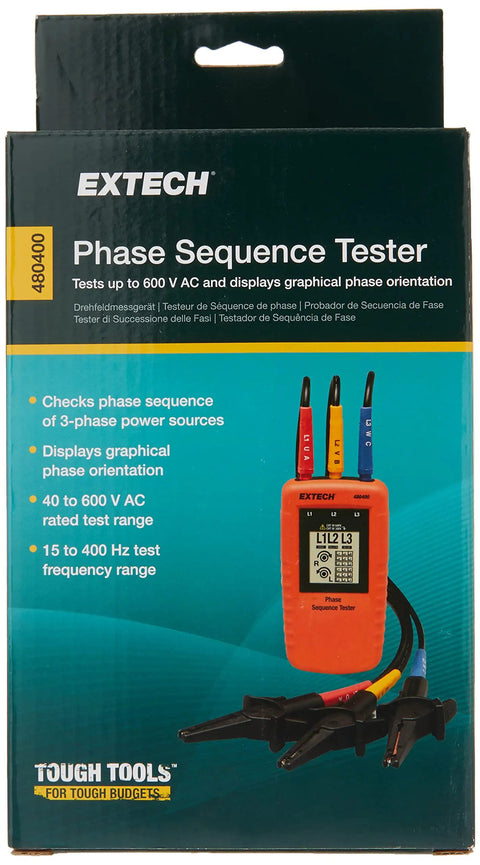 Phase Sequence Tester With LED Indicators For Onsite Checks Verifies Three Phase Wiring Instantly, Confirms Live Wire Status And Motor Rotation Direction Before Startup, Compact CAT III 600V Electrical Tool on retail box