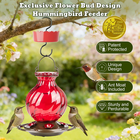 Hummingbird Feeder Glass 26 Ounces Outdoor Hanging With Ant Moat 5 Flower Ports Rustproof And Leakproof Netted Flower Bud Bottle Red US Patent Design Keeps Bees And Ants Out For Real