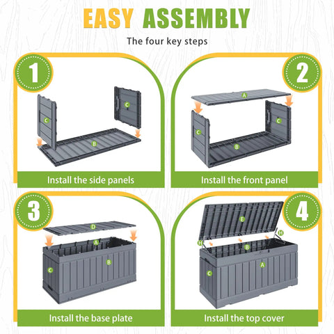 Step-by-step assembly guide for 82 Gallon Outdoor Storage Box With Lid For Patio Furniture Garden Tools And Pool Supplies Weatherproof UV Resistant Lockable Gray Backyard Organizer Pro