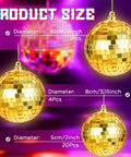 25 Pcs Disco Balls Ornament Set Mini Reflective Party Hanging Balls With Lanyard Gold 2 Inch 3.14 Inch 4 Inch size chart