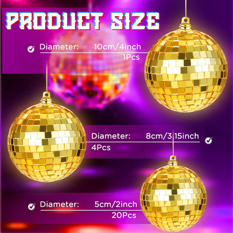25 Pcs Disco Balls Ornament Set Mini Reflective Party Hanging Balls With Lanyard Gold 2 Inch 3.14 Inch 4 Inch size chart