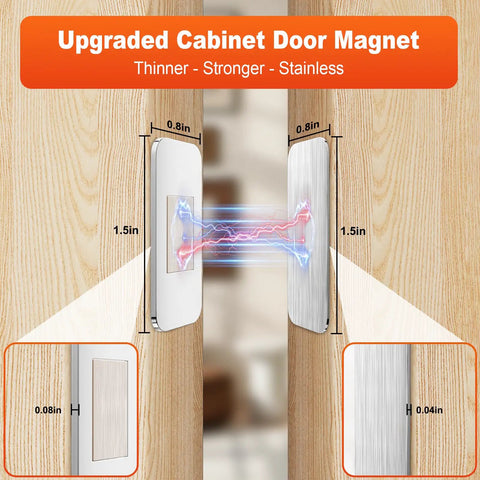 Ultra Thin Cabinet Door Magnets 4 Pack No Drill Stainless Steel Magnetic Latches Stick On Strong Adhesive For Kitchen Cabinets Bathrooms Closets And RV Drawers Seamless Hidden Closures, showing dimensions and magnetic force detail