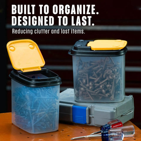 Two 12 Pack Clear Storage Bins With Lids For Workshop Pantry And Garage Bulk Organizer holding screws and nails.