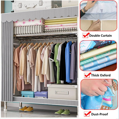 Heavy Duty Canvas Wardrobe Closet, Steel Frame, Long Hanging Bar & Storage Shelves, Portable Fabric Clothes Organizer for Bedroom, Dorm & Apartment