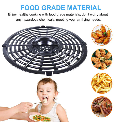 Nonstick Air Fryer Grill Pan Replacement Tray for 5Qt Round 8.7 Inch displayed with cooked food examples, child eating.