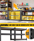 Beefy Heavy Duty Five Tier Garage Shelving Unit With Adjustable Metal Shelves 2050 Lbs Total Capacity showcasing before and after shelf adjustment with divided units.