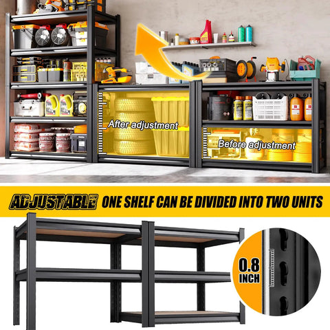 Beefy Heavy Duty Five Tier Garage Shelving Unit With Adjustable Metal Shelves 2050 Lbs Total Capacity showcasing before and after shelf adjustment with divided units.