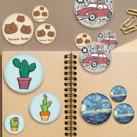 3 Inch Button Maker Supplies Kit 100 Sets 400 Pieces With 75mm 2.95 Inch Button Parts Metal Blank Badges And Blank Paper For DIY Button Making Machines Pin Makers, assorted finished badges on notebook