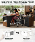 63 Inch Standing Desk With File Cabinet And Privacy Panel Electric Height Adjustable L Shaped Desk in home office setting.