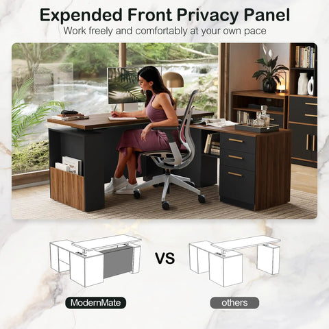63 Inch Standing Desk With File Cabinet And Privacy Panel Electric Height Adjustable L Shaped Desk in home office setting.