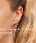 Tiny 2mm Ball And CZ Stud Earrings Set Six Pairs Pack Hypoallergenic Surgical Steel Mini Cubic Zirconia Dot Studs For Women And Men Perfect For Cartilage Helix Second And Third Piercings Everyday Wear on ear model