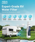 Inline RV Hose Water Filter For Campers And Garden Use, NSF Certified, with RV and filter displayed, promotes chlorine reduction.
