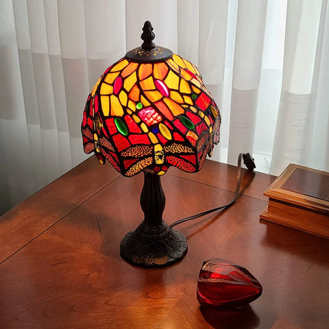 Dragonfly Mini Accent Lamp With Red Yellow Jewels For Bedside Nightstand Mood Lighting, vintage handmade decor gift on table.