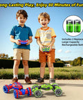 Two kids playing with High Speed 4WD RC Car With Gesture Sensing Remote Dual Sided Driving Stunt Vehicle on a sunny day.