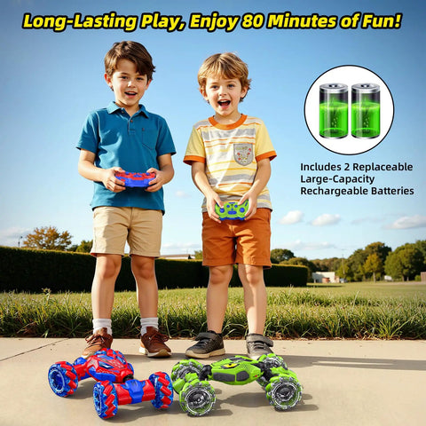 Two kids playing with High Speed 4WD RC Car With Gesture Sensing Remote Dual Sided Driving Stunt Vehicle on a sunny day.