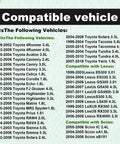 Compatibility chart listing vehicles compatible with Toyota 22204-21010 Mass Air Flow Sensor for Camry 2002-2006, Corolla 2003-2008, and others