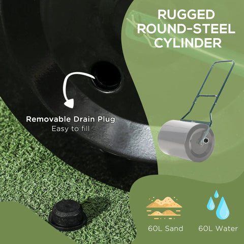 20 Inch Push And Tow Behind Lawn Roller With 16 Gallon Water Or Sand Fill shown with removable drain plug on grass surface