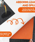 36 By 59 Inch Heavy Duty Oil Spill Mat For Garages With Upgraded Rubber Backing, showing oil absorption and orange rubber back.