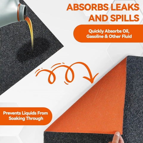 36 By 59 Inch Heavy Duty Oil Spill Mat For Garages With Upgraded Rubber Backing, showing oil absorption and orange rubber back.