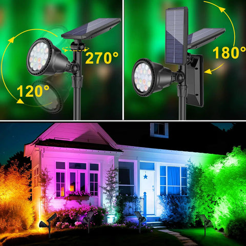 Solar Spot Lights Outdoor 2 Pack with 7 Color Modes Dope Waterproof Landscape Lights 600LM illuminating house façade at night
