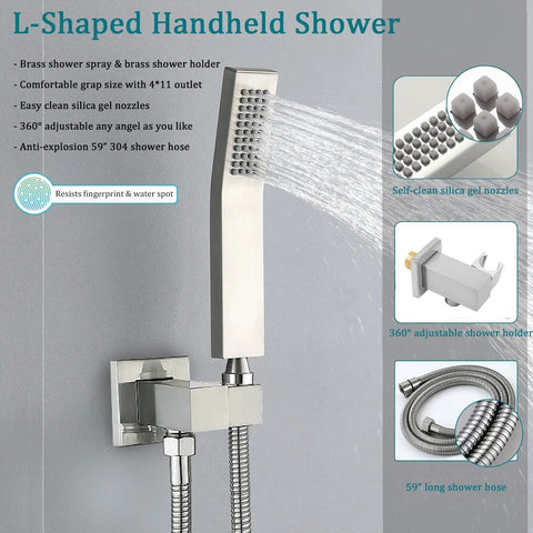 Brushed Nickel All Metal Wall Mounted Shower Faucet Set With Waterfall Tub Spout And High Pressure Handheld Spray shown with detailed features